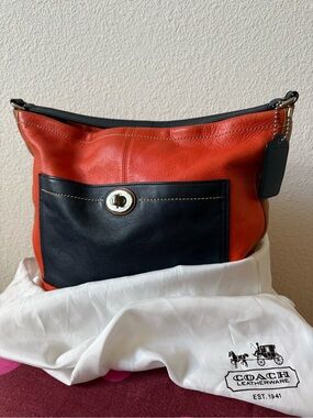 Coach Two-Way Shoulder  Crossbody Bag Dark Orange Navy Blue + Dust Bag